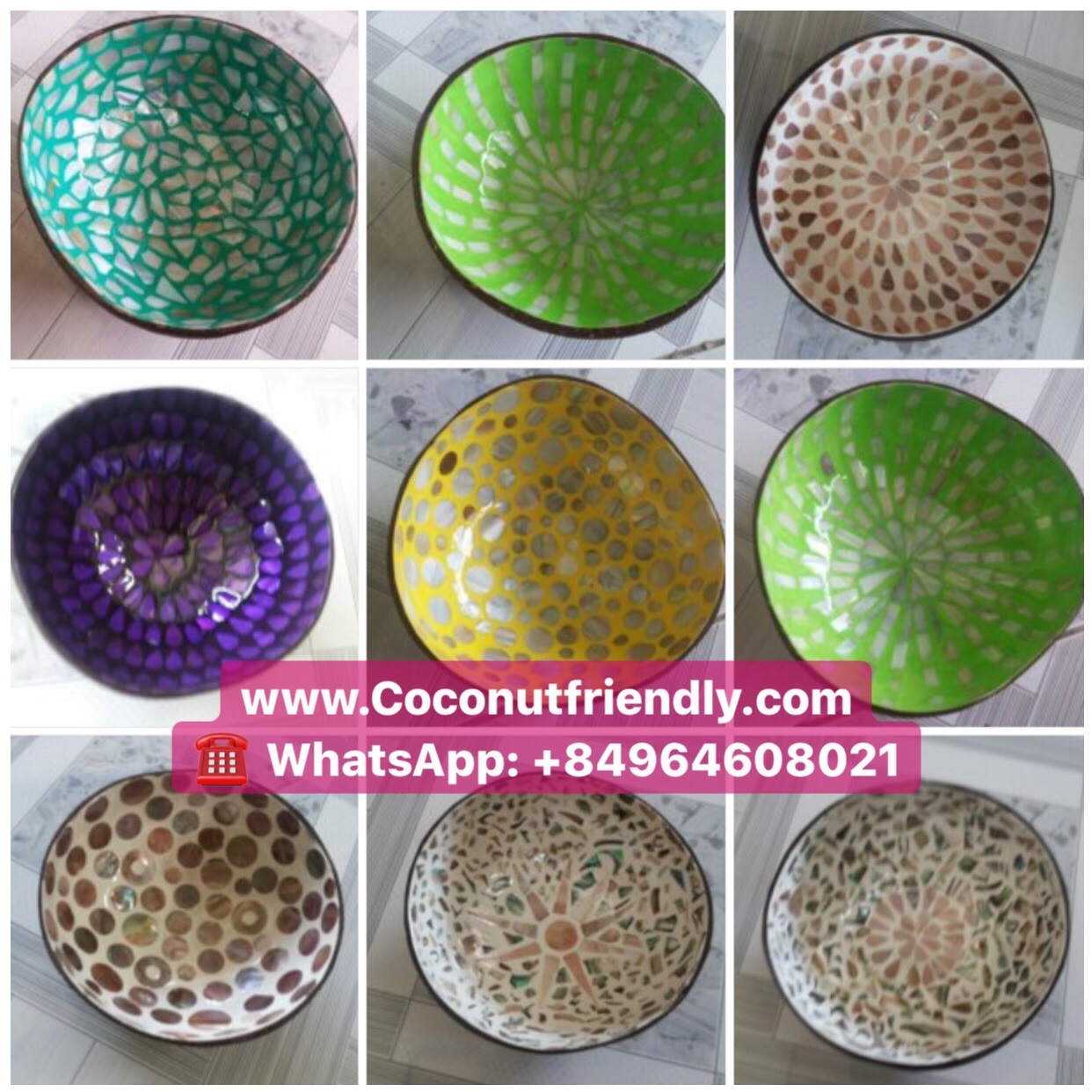 Vietnam natural mother of pearl inlaid lacquer coconut bowl for wholesale (CF_8601 : CF_8837)